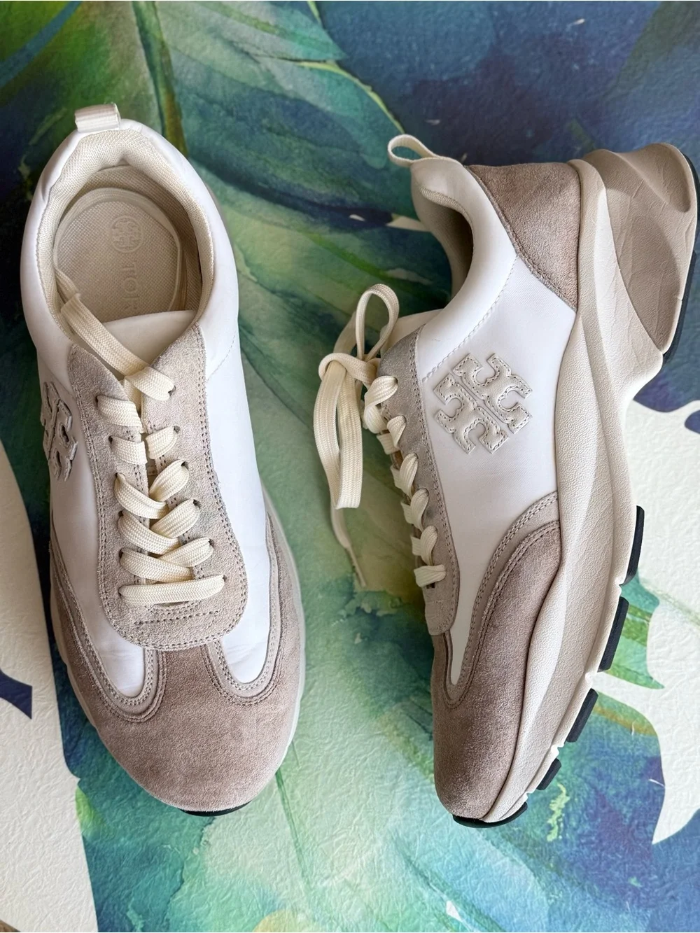 Tory Burch Cream & Taupe Suede Leather Platform Sneakers